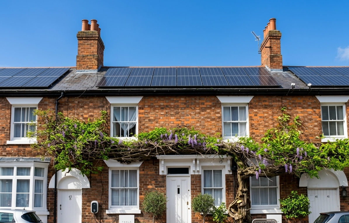 A UK terrace with rooftop solar panels