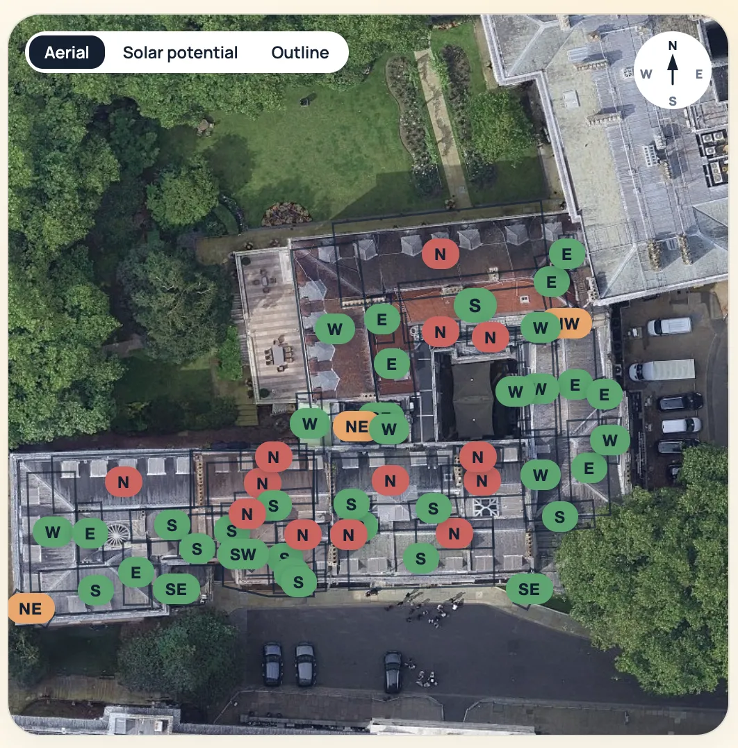 Aerial view of the roof with each section marked by direction and sunlight, showing where solar works best