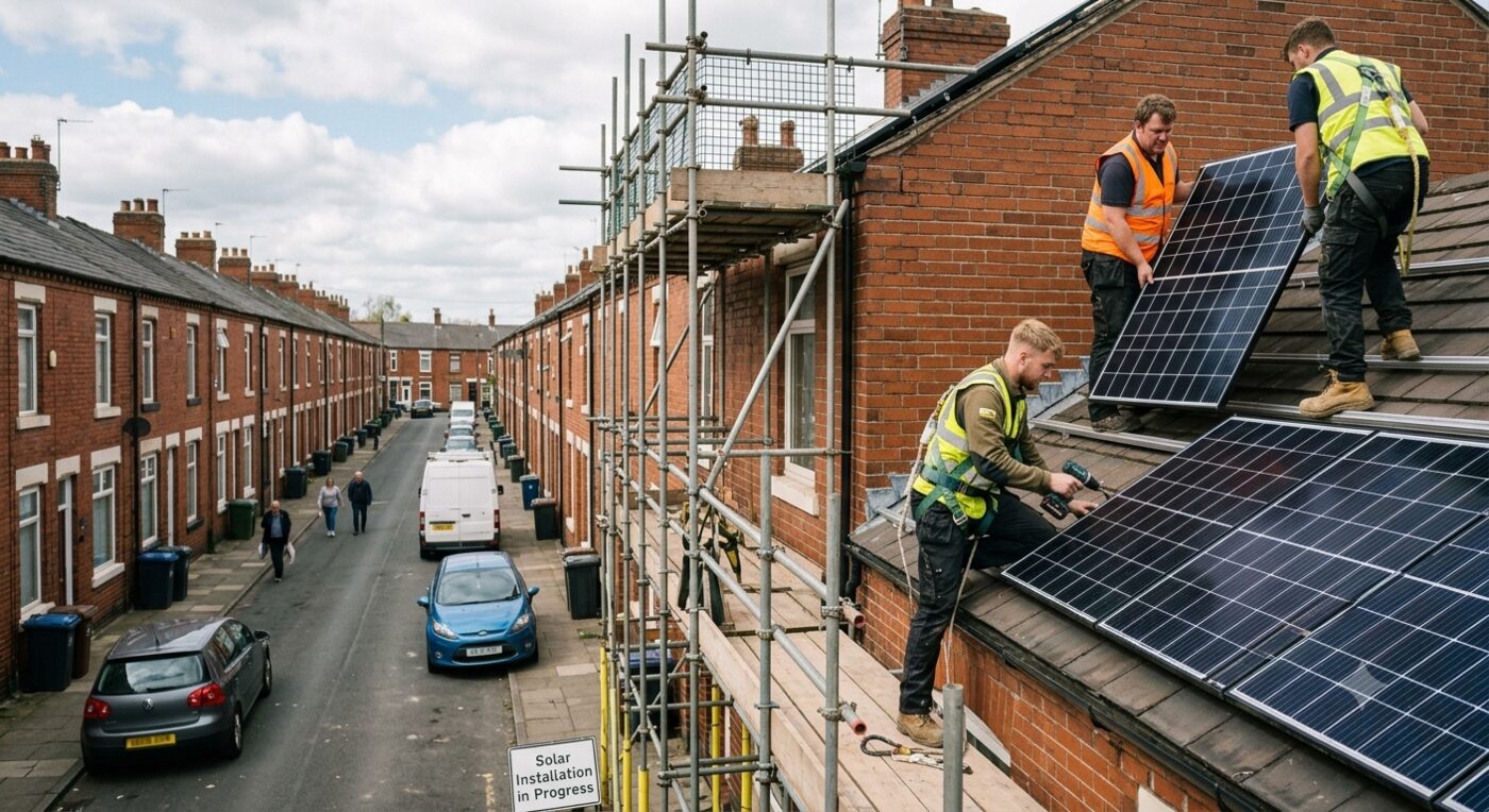 A team of installers fitting solar panels from scaffolding on a UK terraced street