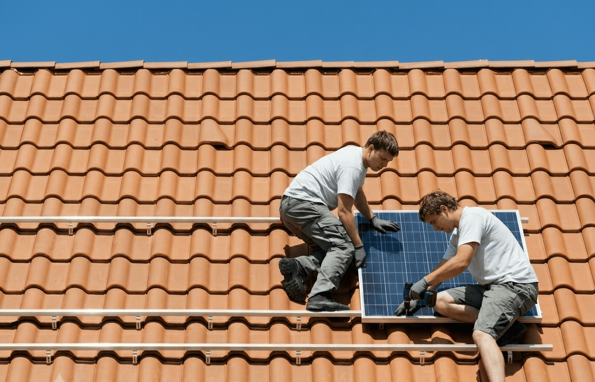 Two certified installers fitting a solar panel onto a tiled UK roof