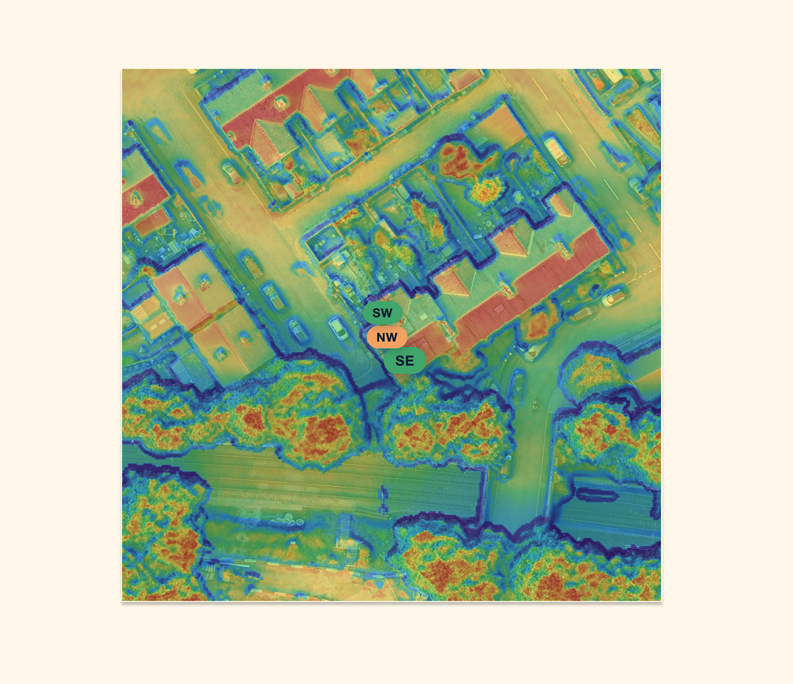 A solar irradiance heatmap overlaid on a UK neighbourhood, showing usable sunlight by colour