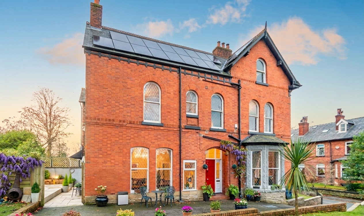 A red brick UK semi-detached home with rooftop solar panels